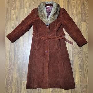 70s Vtg Suede Leather Full Length Coat w/ Real Fur Collar Size 17 Fits 10 C71